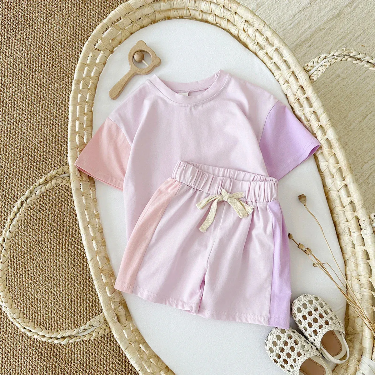2Pcs Kids Solid Short Sleeve Elastic Waist Suit