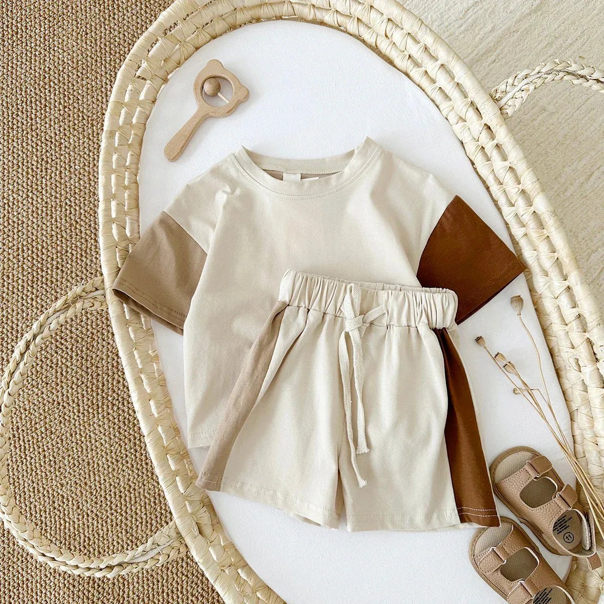 2Pcs Kids Solid Short Sleeve Elastic Waist Suit
