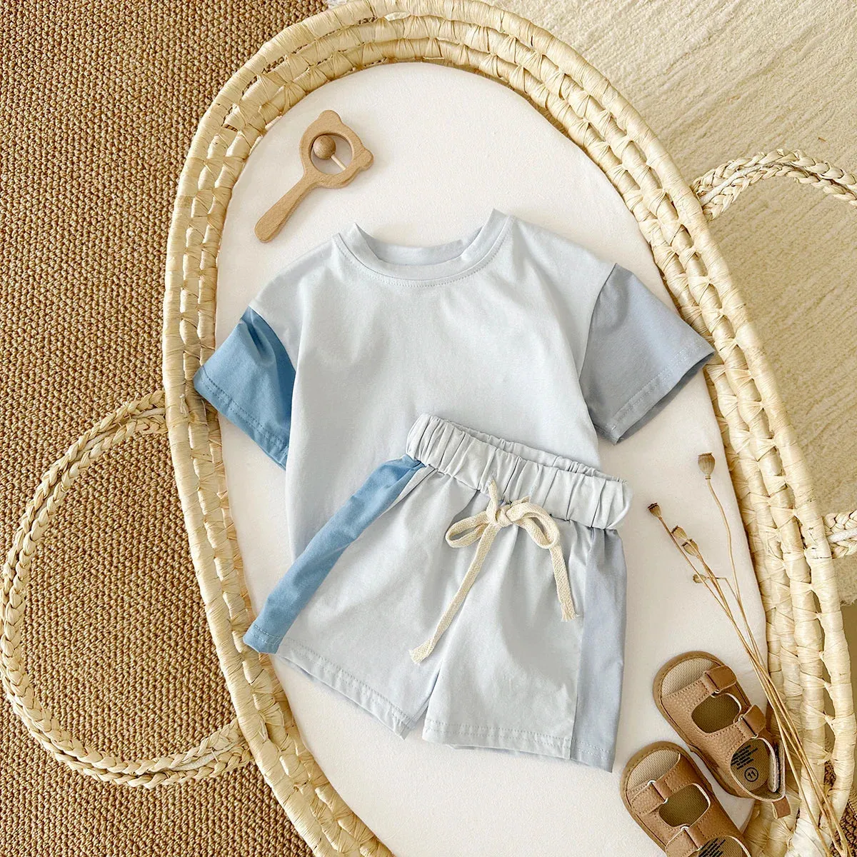 2Pcs Kids Solid Short Sleeve Elastic Waist Suit