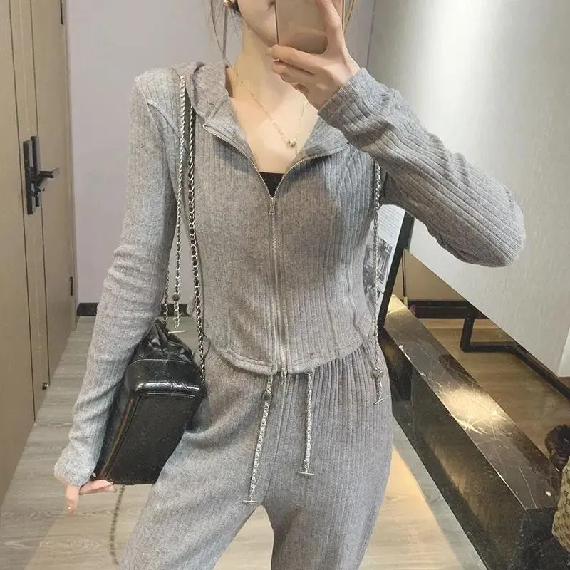 2PCS Women's Casual Sports Suit Long-sleeved Knitted Zipper Cardigan   Wide-leg Pants Two-piece Suit Ladies Slimming Fitness Suit Athletic Clothing