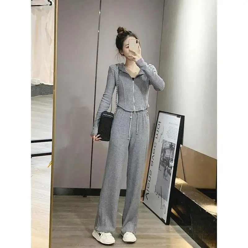 2PCS Women's Casual Sports Suit Long-sleeved Knitted Zipper Cardigan   Wide-leg Pants Two-piece Suit Ladies Slimming Fitness Suit Athletic Clothing