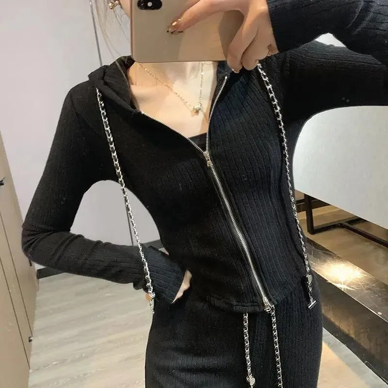 2PCS Women's Casual Sports Suit Long-sleeved Knitted Zipper Cardigan   Wide-leg Pants Two-piece Suit Ladies Slimming Fitness Suit Athletic Clothing