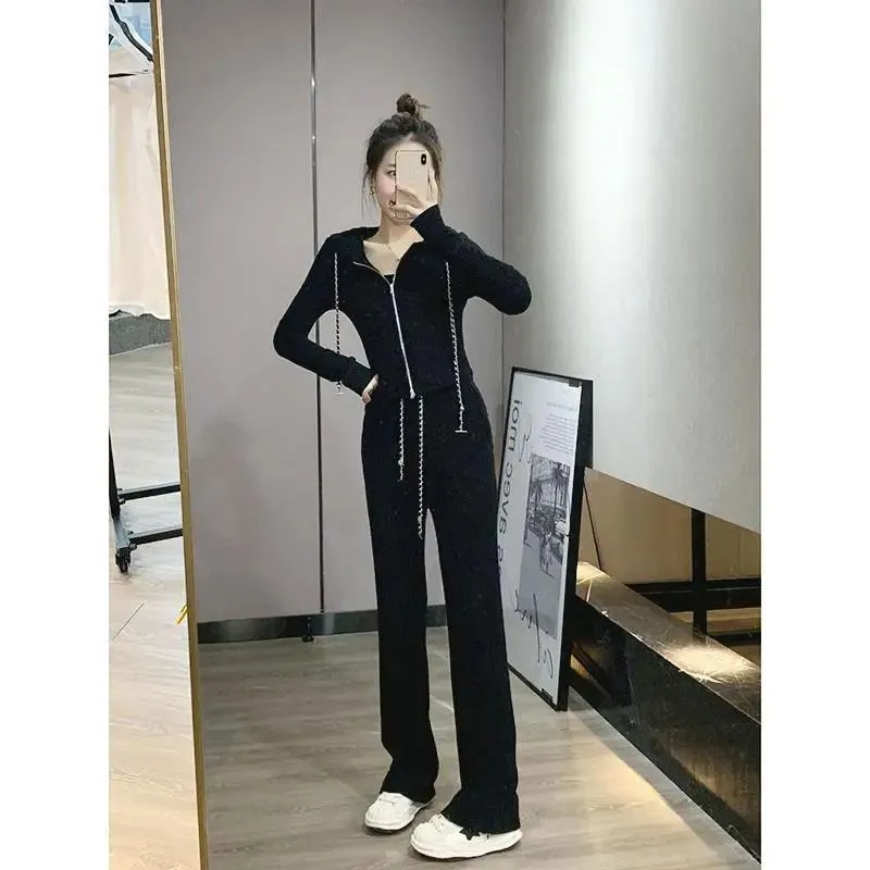 2PCS Women's Casual Sports Suit Long-sleeved Knitted Zipper Cardigan   Wide-leg Pants Two-piece Suit Ladies Slimming Fitness Suit Athletic Clothing