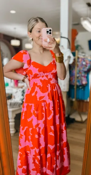 Abstract Printed V-Neck Midi Dress