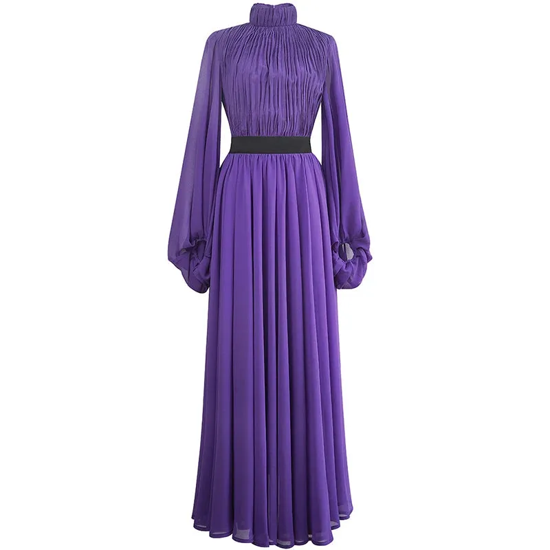 Asher Purple  Elastic Waist Slim Pleated Long Dress