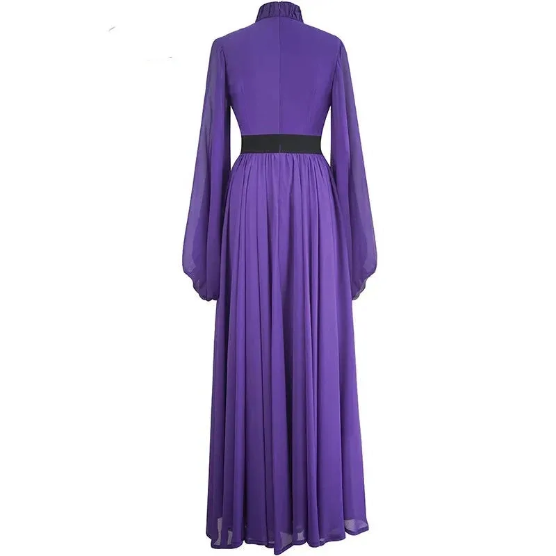 Asher Purple  Elastic Waist Slim Pleated Long Dress