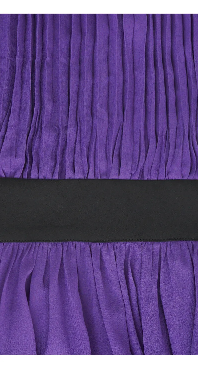 Asher Purple  Elastic Waist Slim Pleated Long Dress