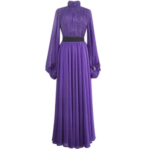 Asher Purple  Elastic Waist Slim Pleated Long Dress
