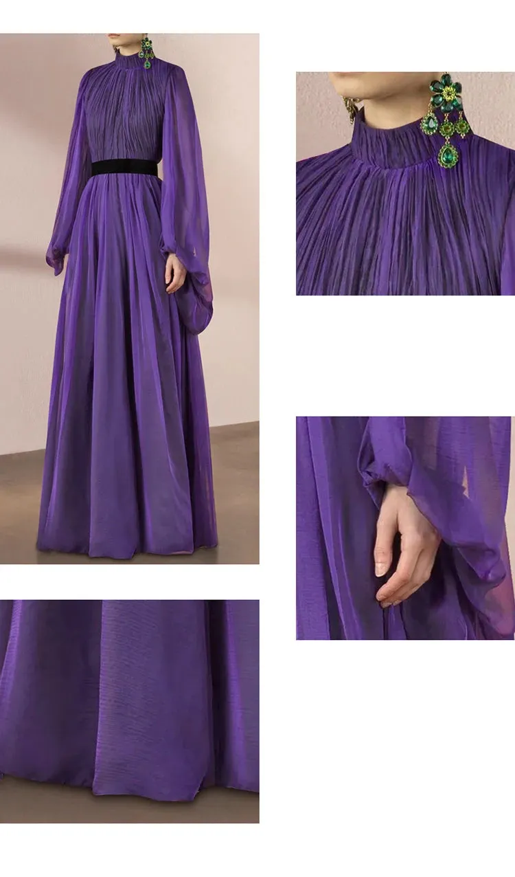 Asher Purple  Elastic Waist Slim Pleated Long Dress