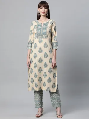 Beige Cotton Straight Kurta Pant Set
