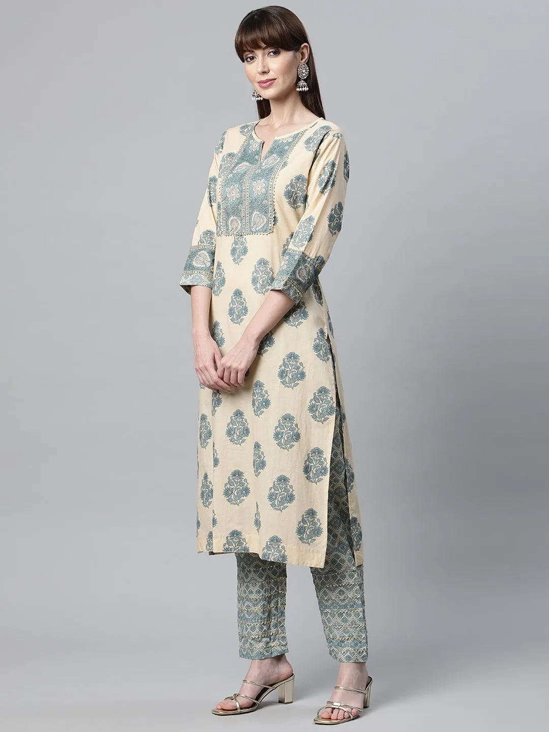 Beige Cotton Straight Kurta Pant Set