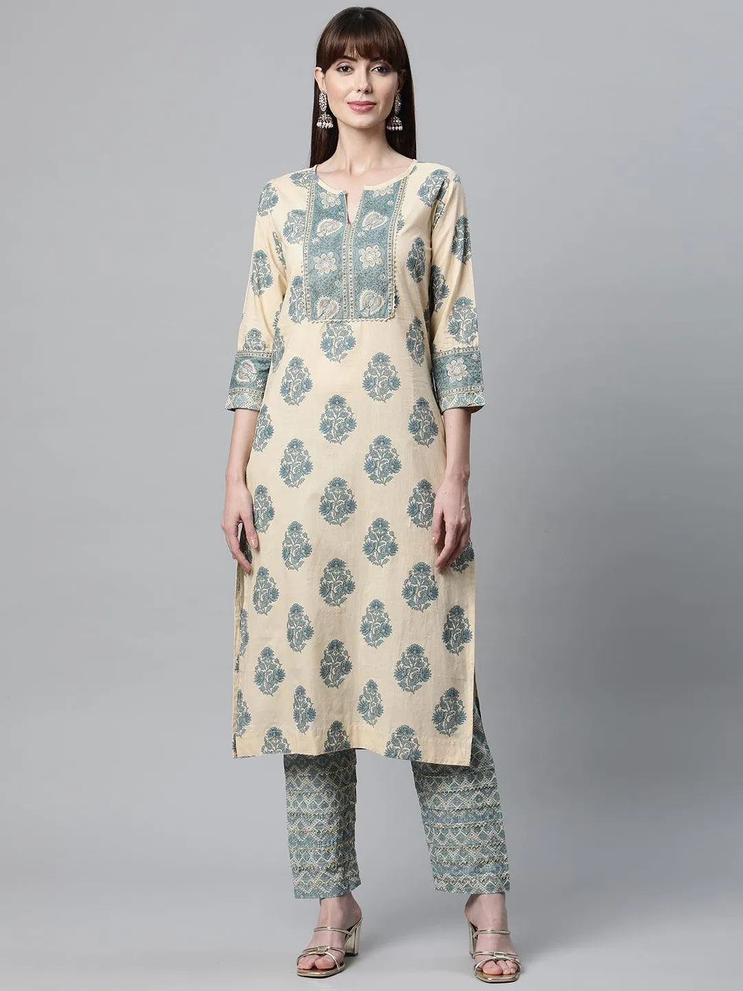 Beige Cotton Straight Kurta Pant Set
