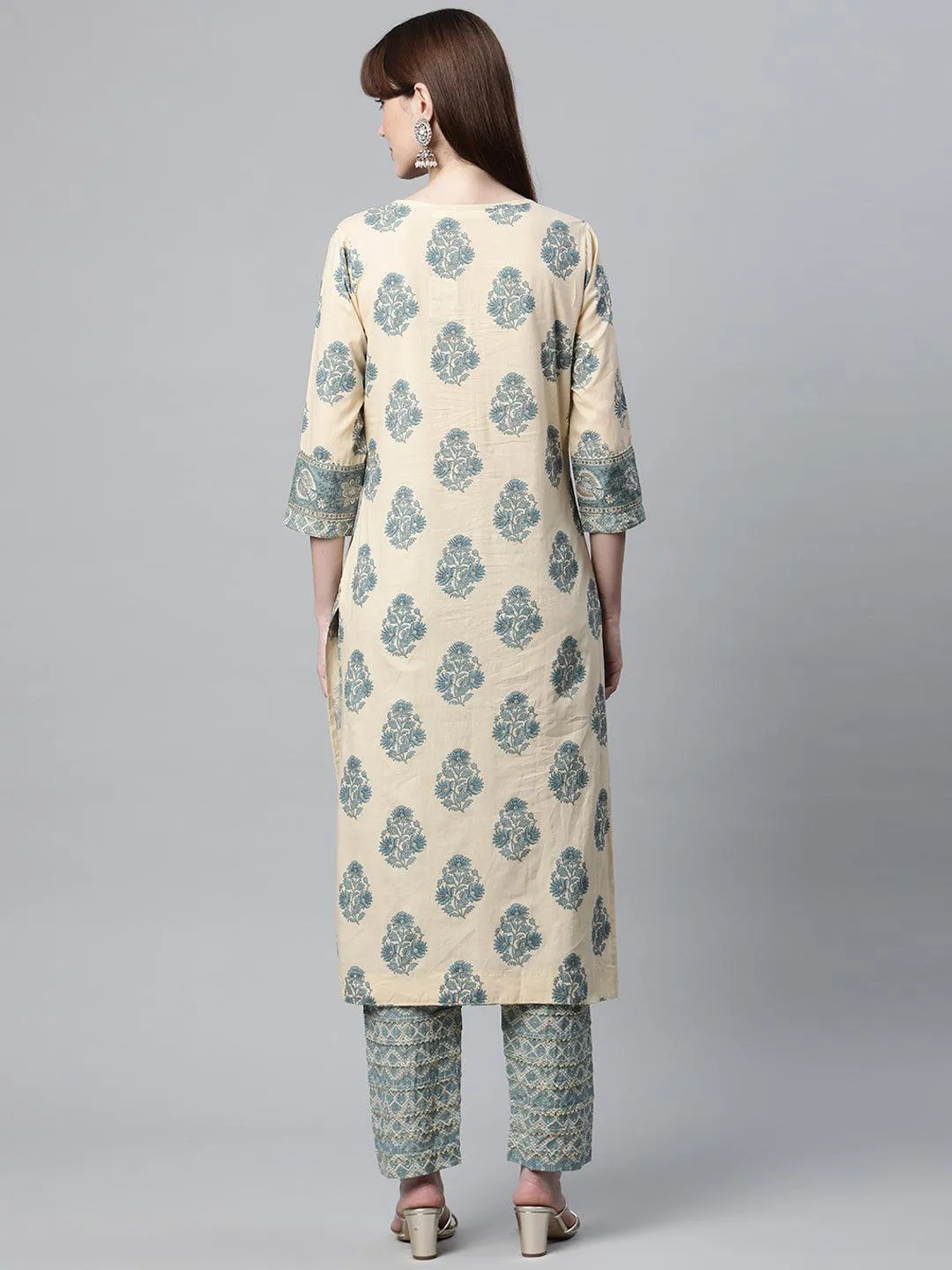 Beige Cotton Straight Kurta Pant Set