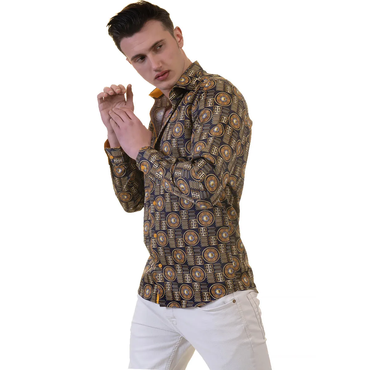 Black And Gold Greek Key Mens Slim Fit Designer Dress Shirt - tailored Cotton Shirts for Work and Casual Wear