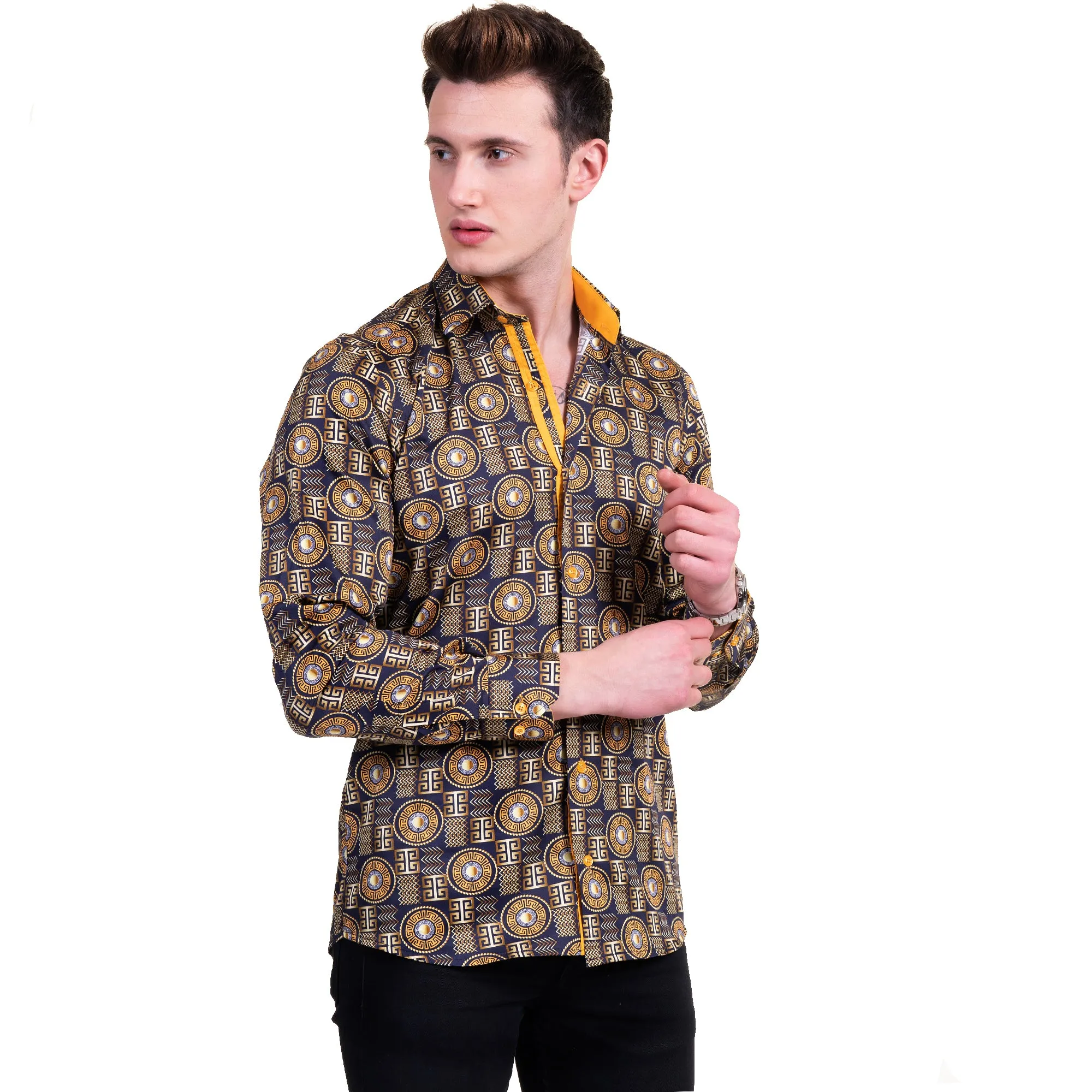 Black And Gold Greek Key Mens Slim Fit Designer Dress Shirt - tailored Cotton Shirts for Work and Casual Wear