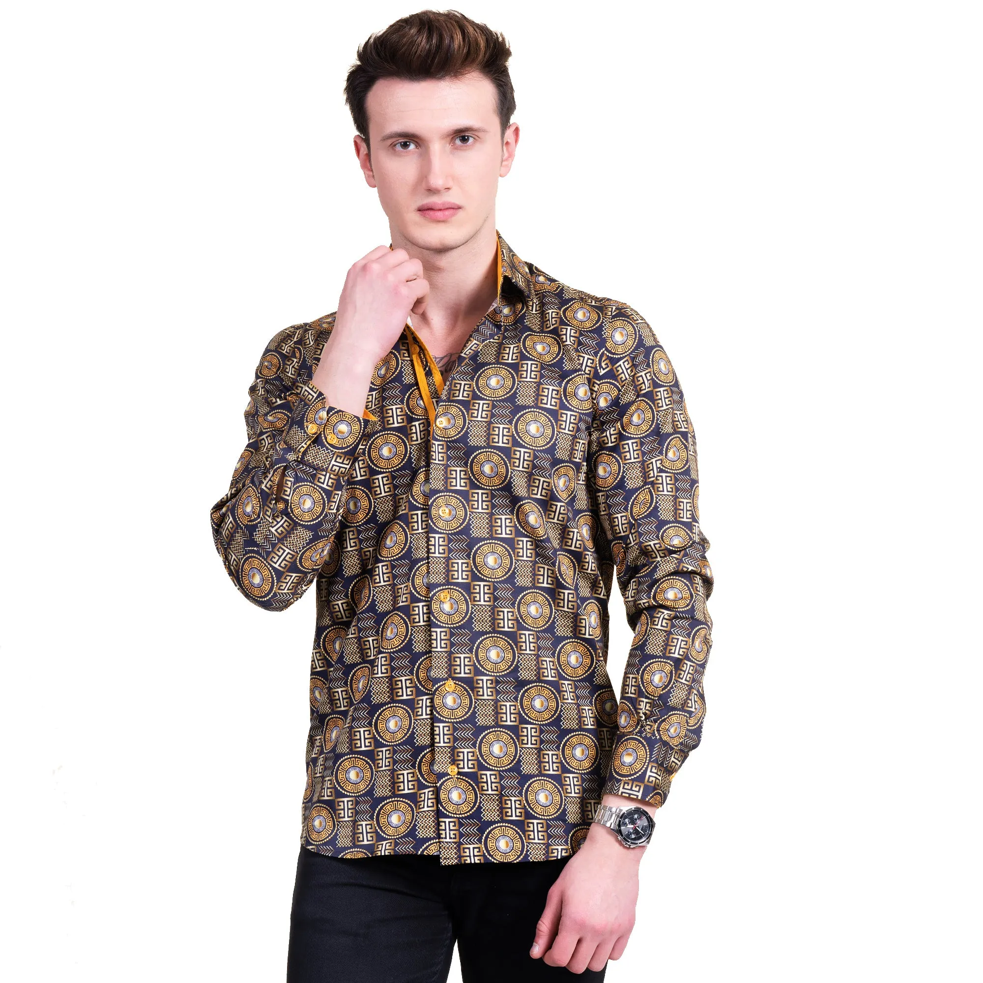Black And Gold Greek Key Mens Slim Fit Designer Dress Shirt - tailored Cotton Shirts for Work and Casual Wear
