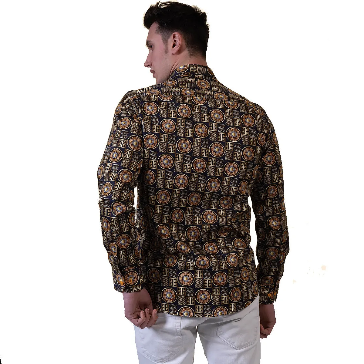 Black And Gold Greek Key Mens Slim Fit Designer Dress Shirt - tailored Cotton Shirts for Work and Casual Wear