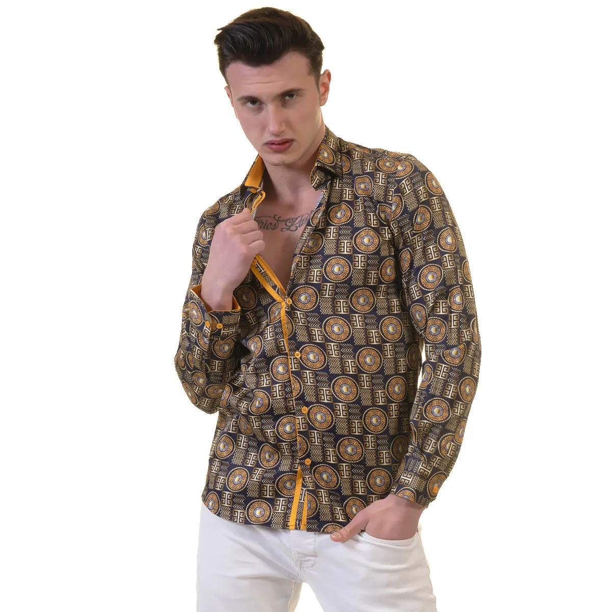 Black And Gold Greek Key Mens Slim Fit Designer Dress Shirt - tailored Cotton Shirts for Work and Casual Wear