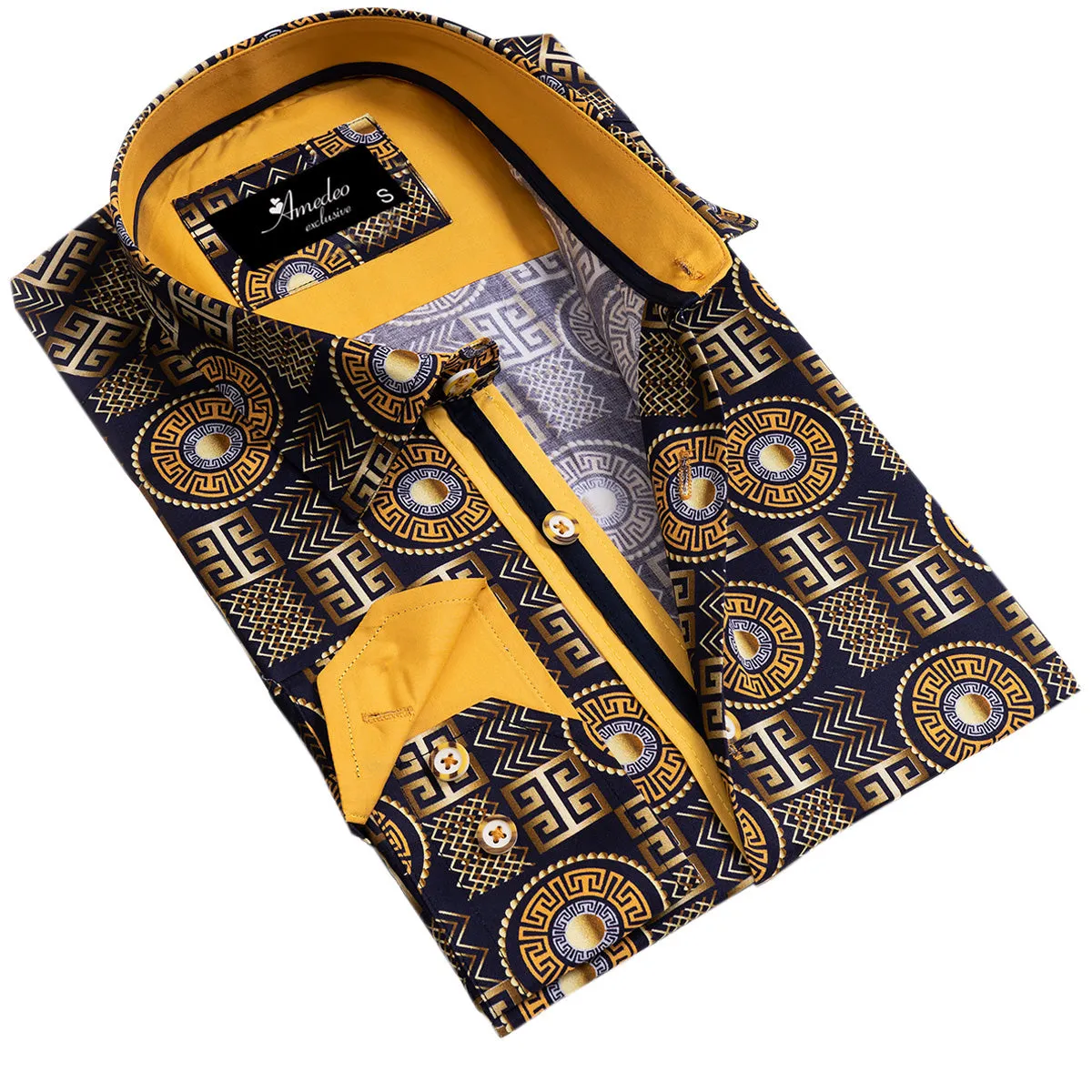 Black And Gold Greek Key Mens Slim Fit Designer Dress Shirt - tailored Cotton Shirts for Work and Casual Wear