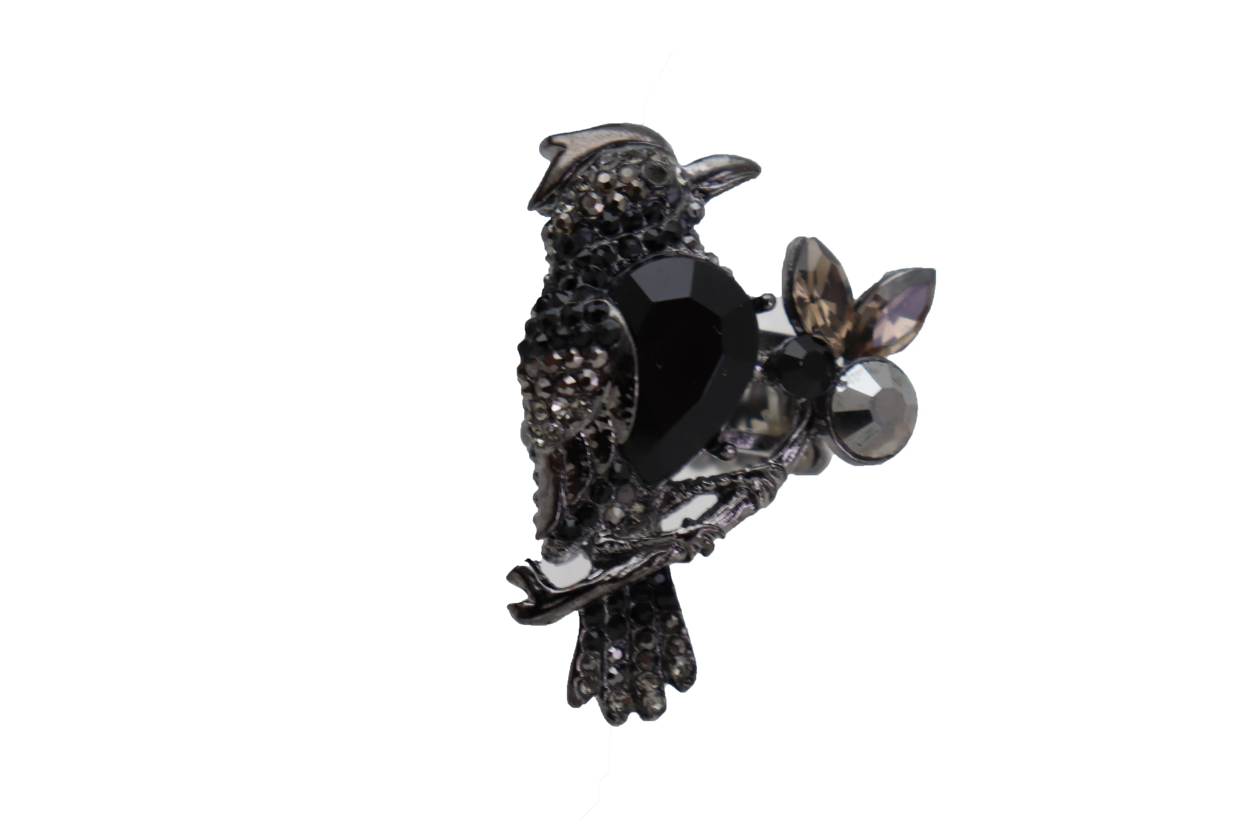 Black Metal Ring Elastic Band Size Bling Bird Tree Branch
