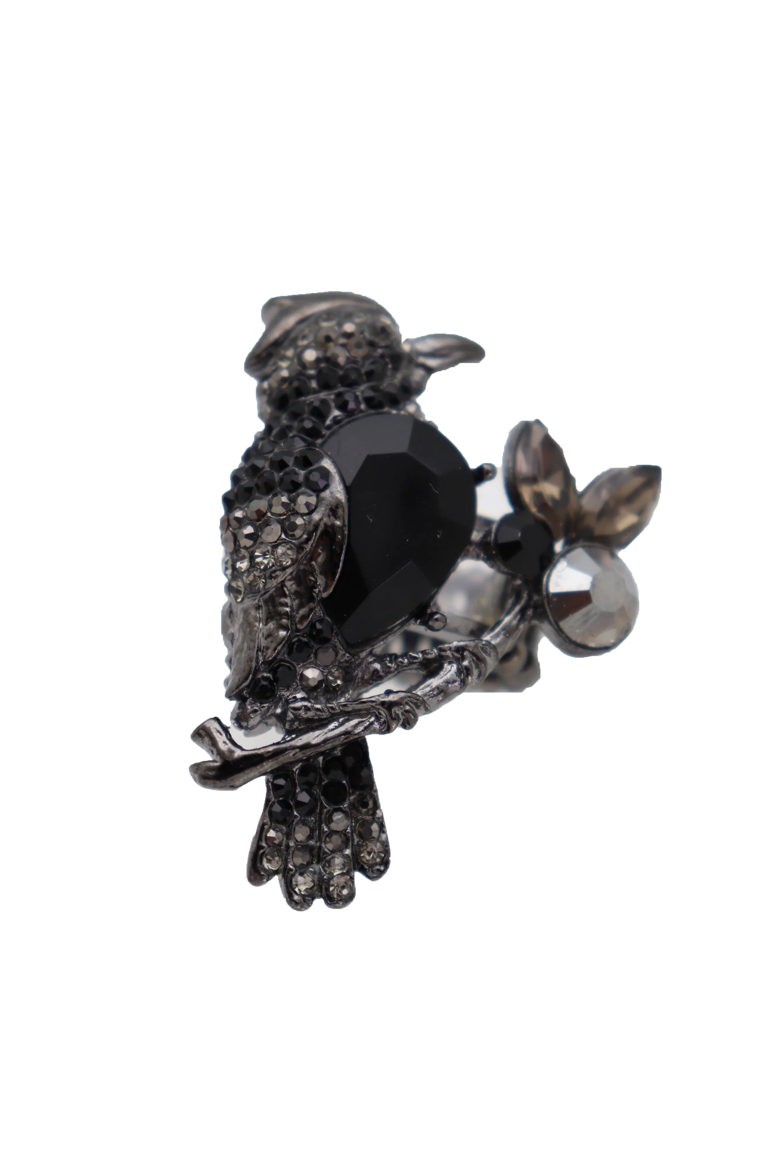 Black Metal Ring Elastic Band Size Bling Bird Tree Branch