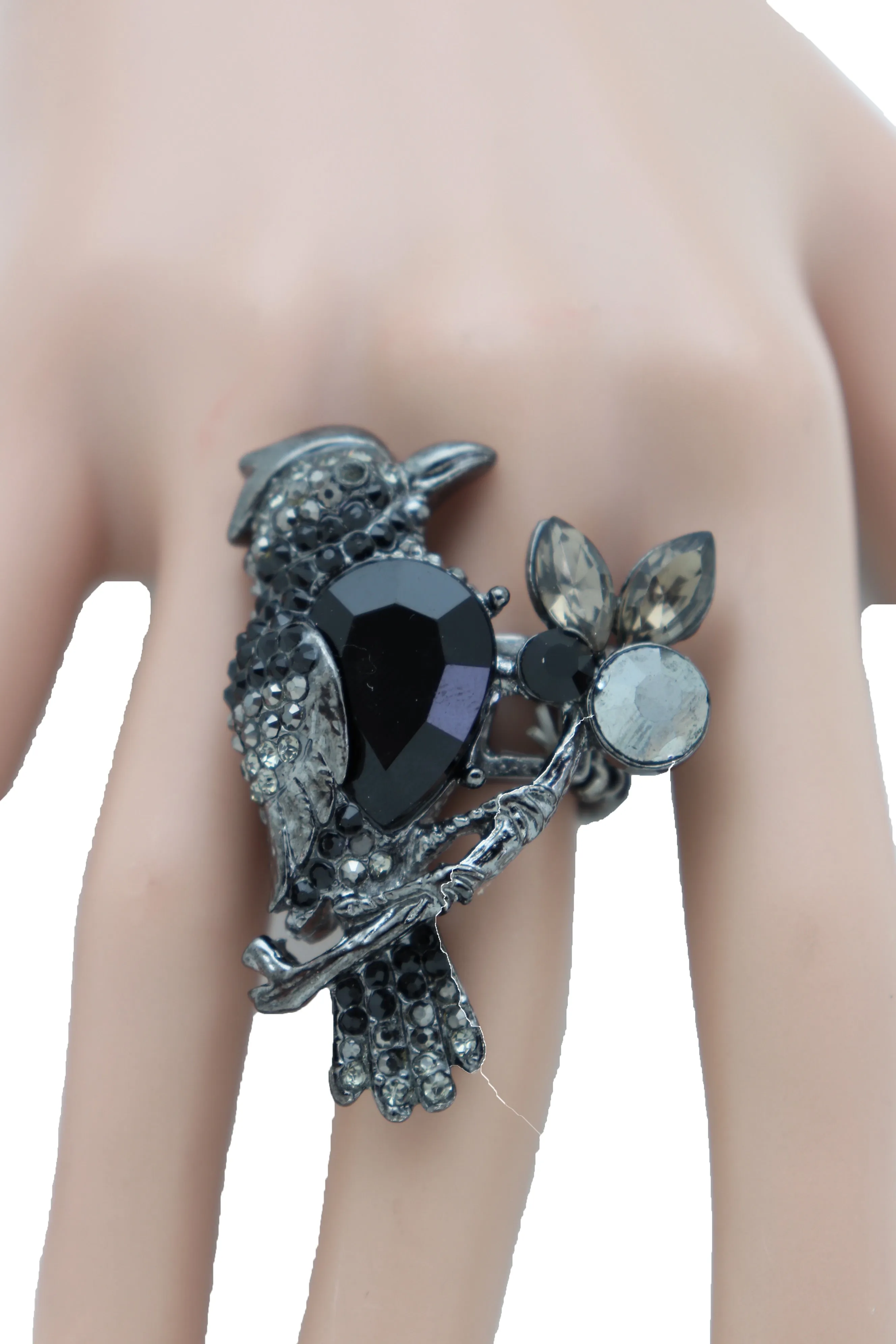 Black Metal Ring Elastic Band Size Bling Bird Tree Branch