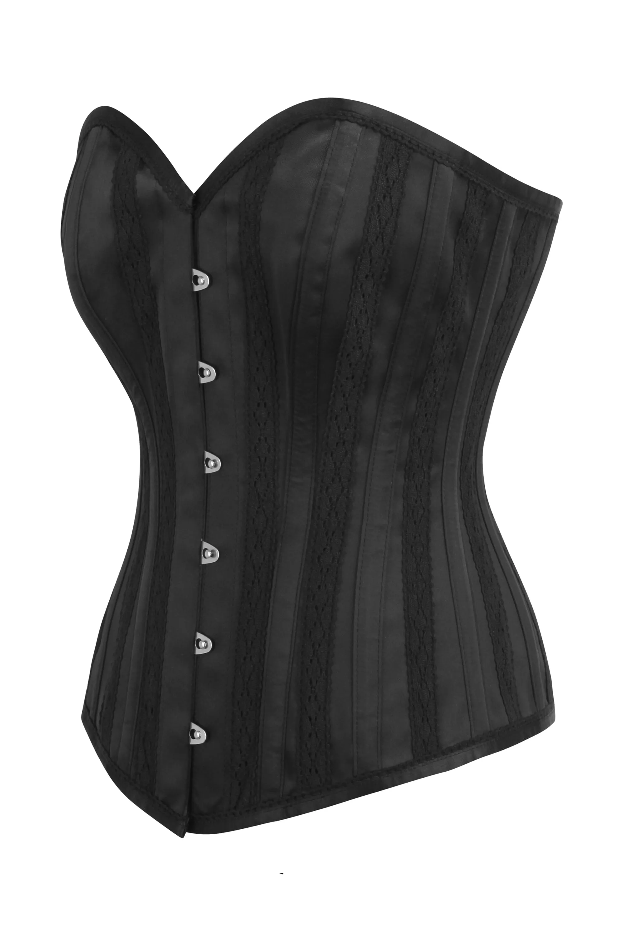 Black Satin Overbust Corset with Embroidered channels