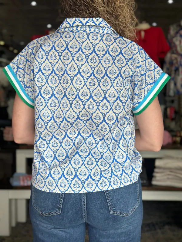 Blue & White Damask Printed Zipper Top