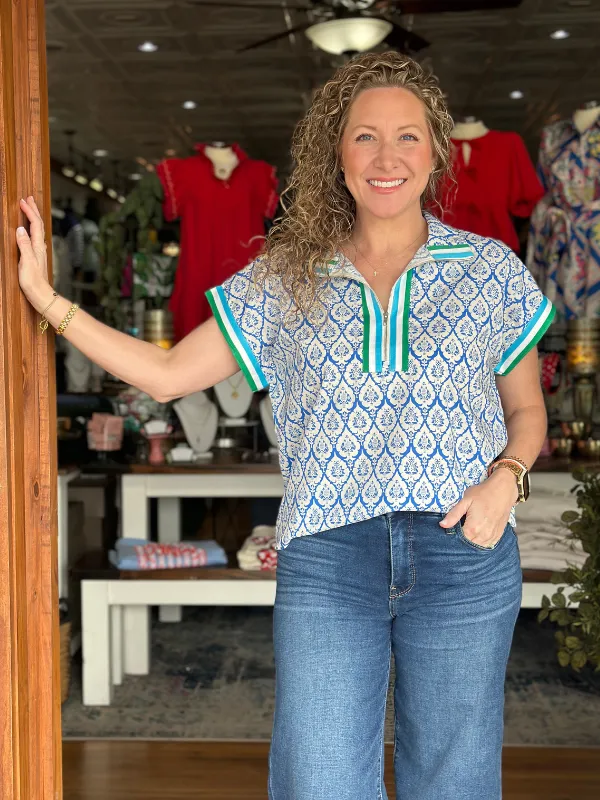 Blue & White Damask Printed Zipper Top