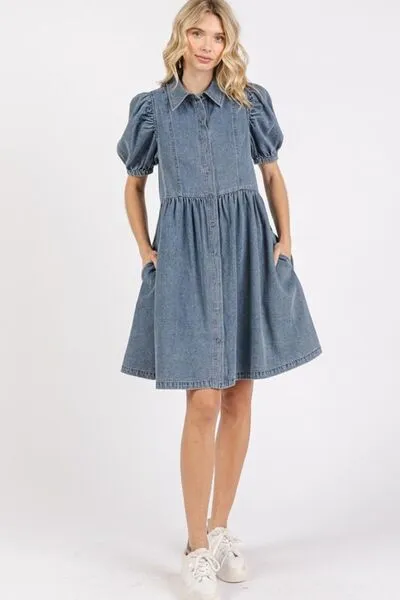 Blue Button Down Puff Sleeve Denim Dress