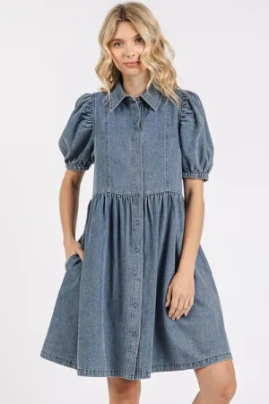 Blue Button Down Puff Sleeve Denim Dress