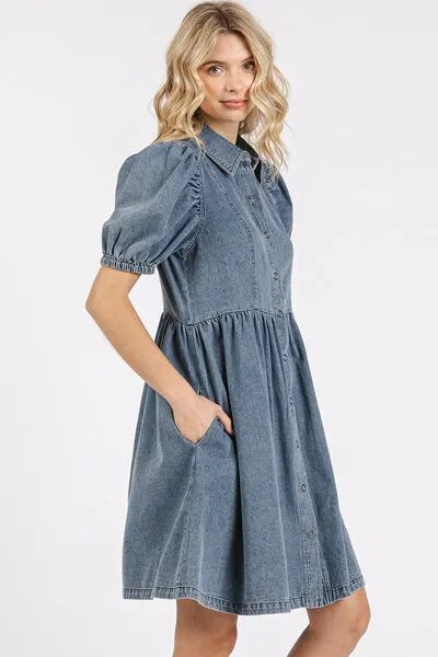 Blue Button Down Puff Sleeve Denim Dress
