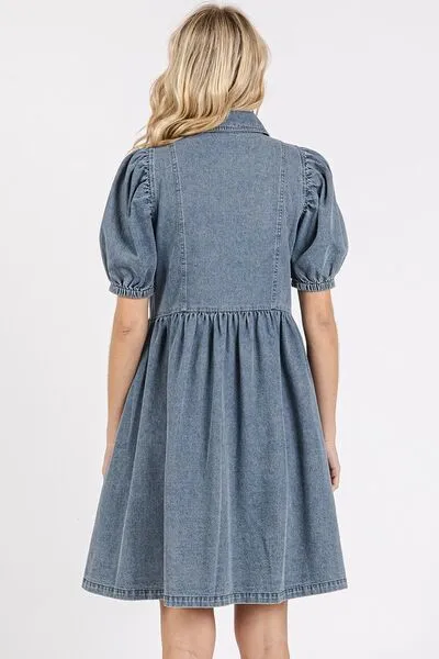 Blue Button Down Puff Sleeve Denim Dress