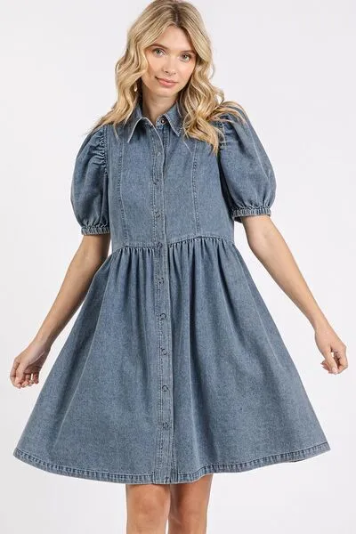 Blue Button Down Puff Sleeve Denim Dress