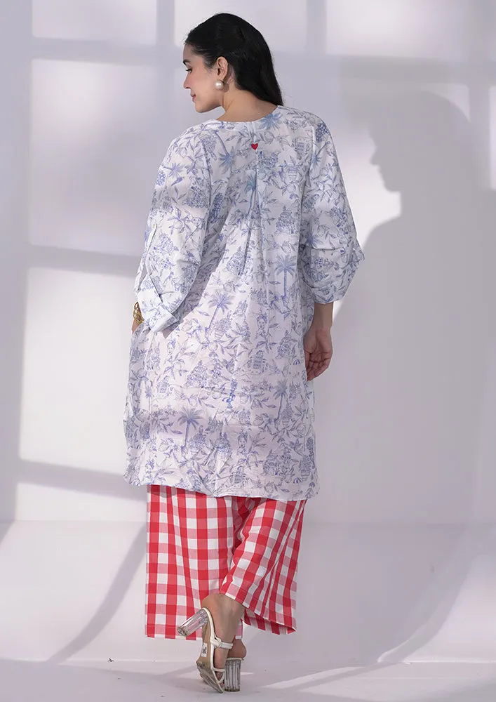 Blue Printed kurta with check pant