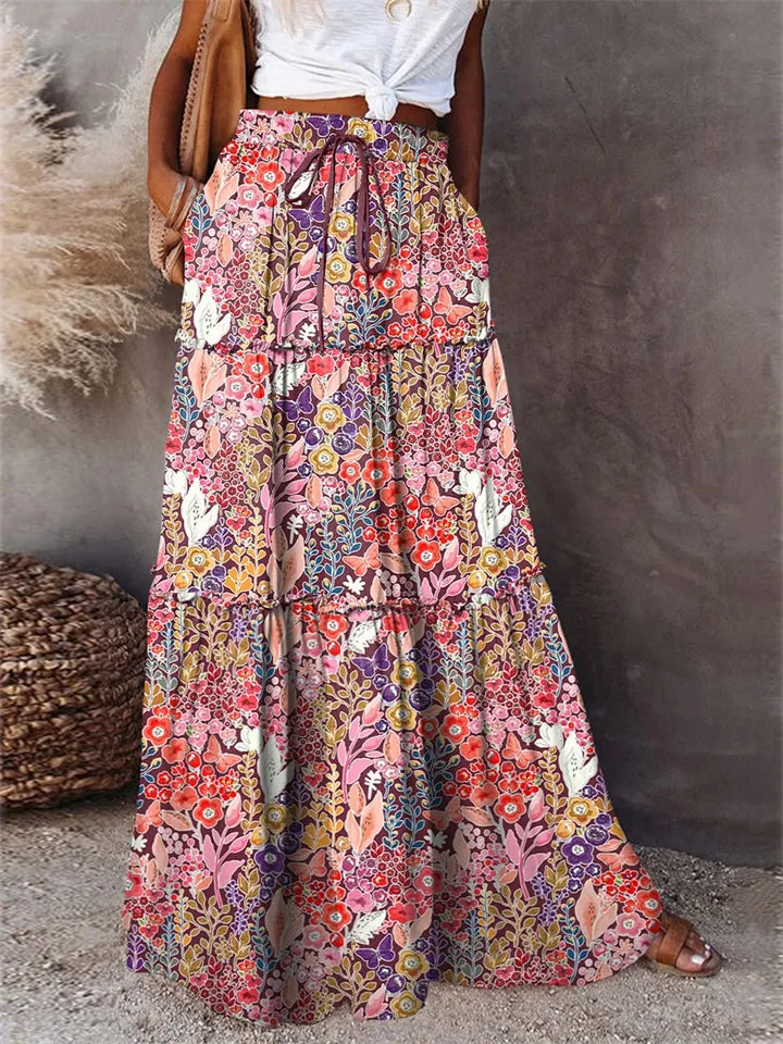 Boho Style Female Layered Paisley Printed Skirt with Pockets