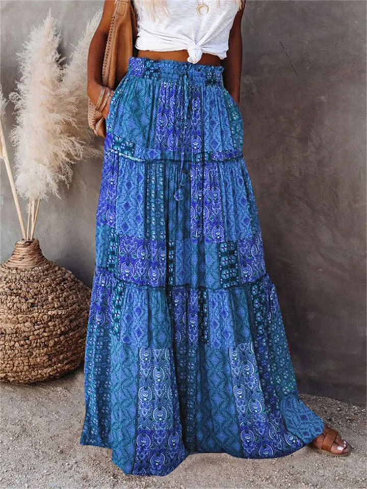 Boho Style Female Layered Paisley Printed Skirt with Pockets
