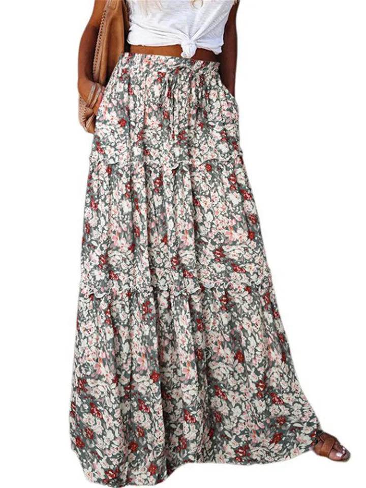 Boho Style Female Layered Paisley Printed Skirt with Pockets