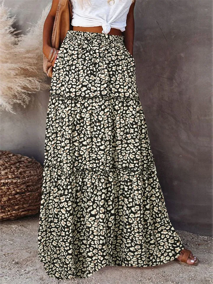 Boho Style Female Layered Paisley Printed Skirt with Pockets