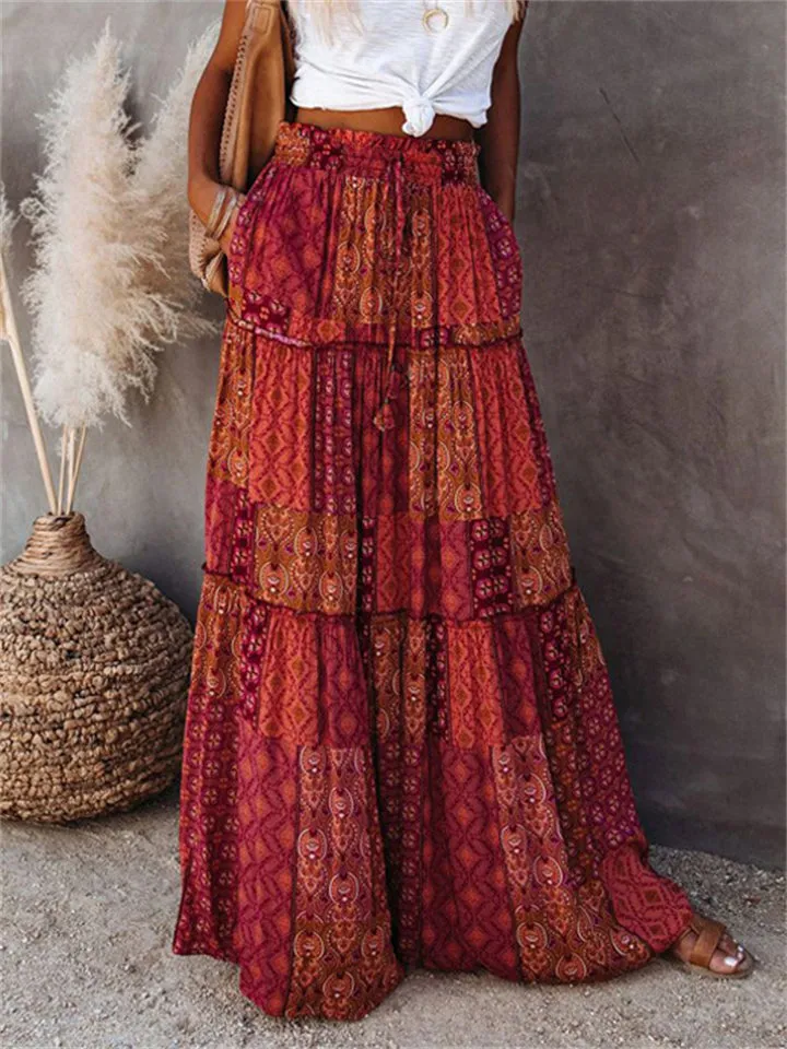 Boho Style Female Layered Paisley Printed Skirt with Pockets