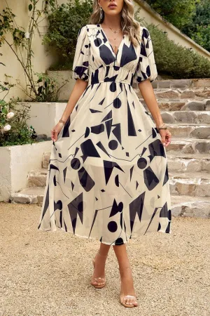 Bold Prints Puffy Sleeves Midi Dress