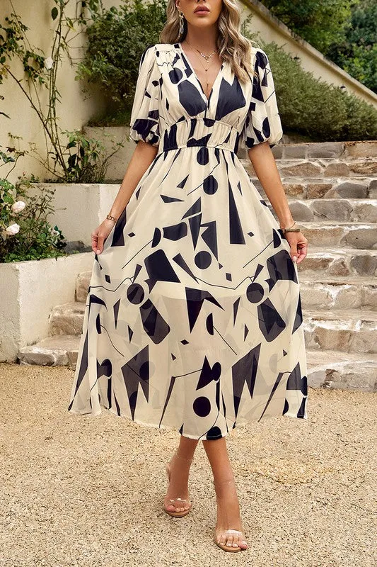 Bold Prints Puffy Sleeves Midi Dress