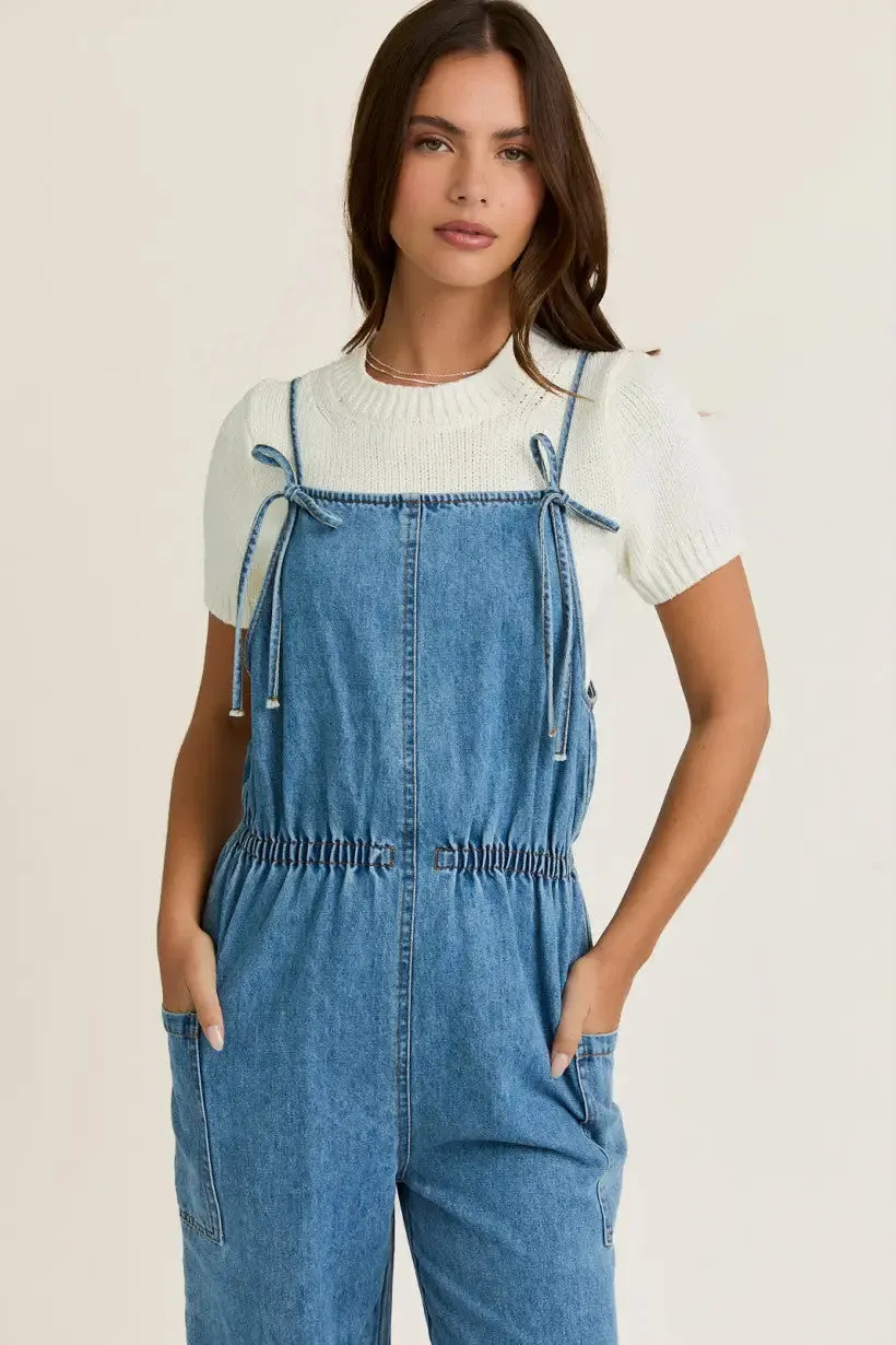 BOW TIES FRONT DENIM JEANS OVERALL