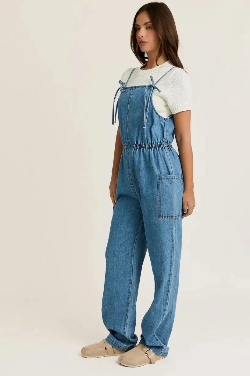 BOW TIES FRONT DENIM JEANS OVERALL