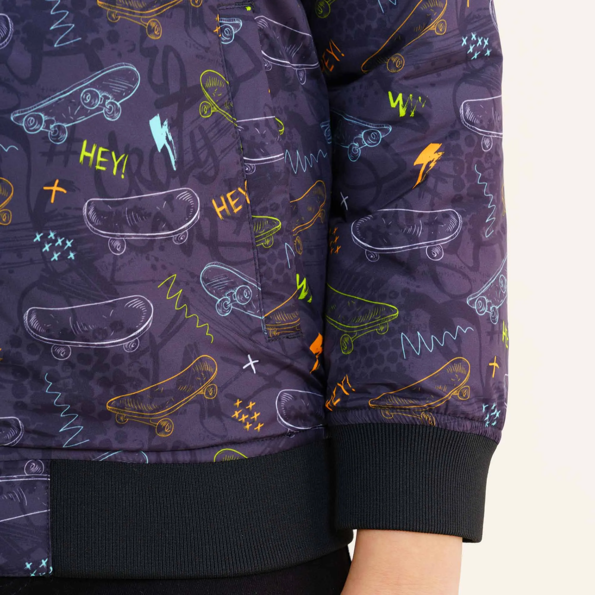 Boys Black Printed Bomber Jacket