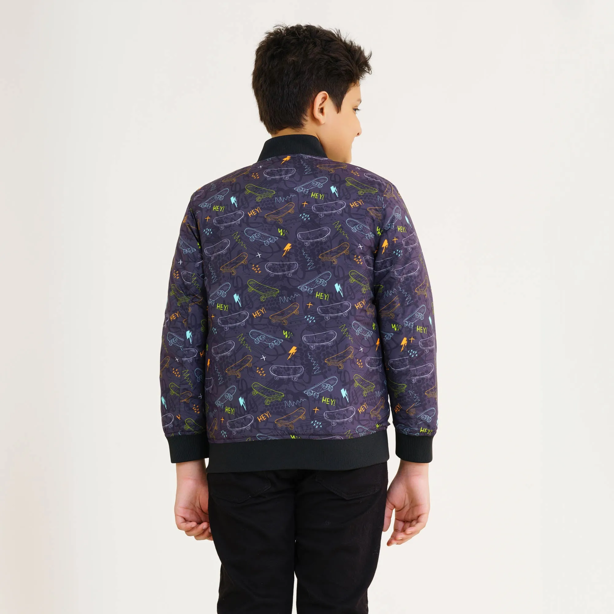 Boys Black Printed Bomber Jacket