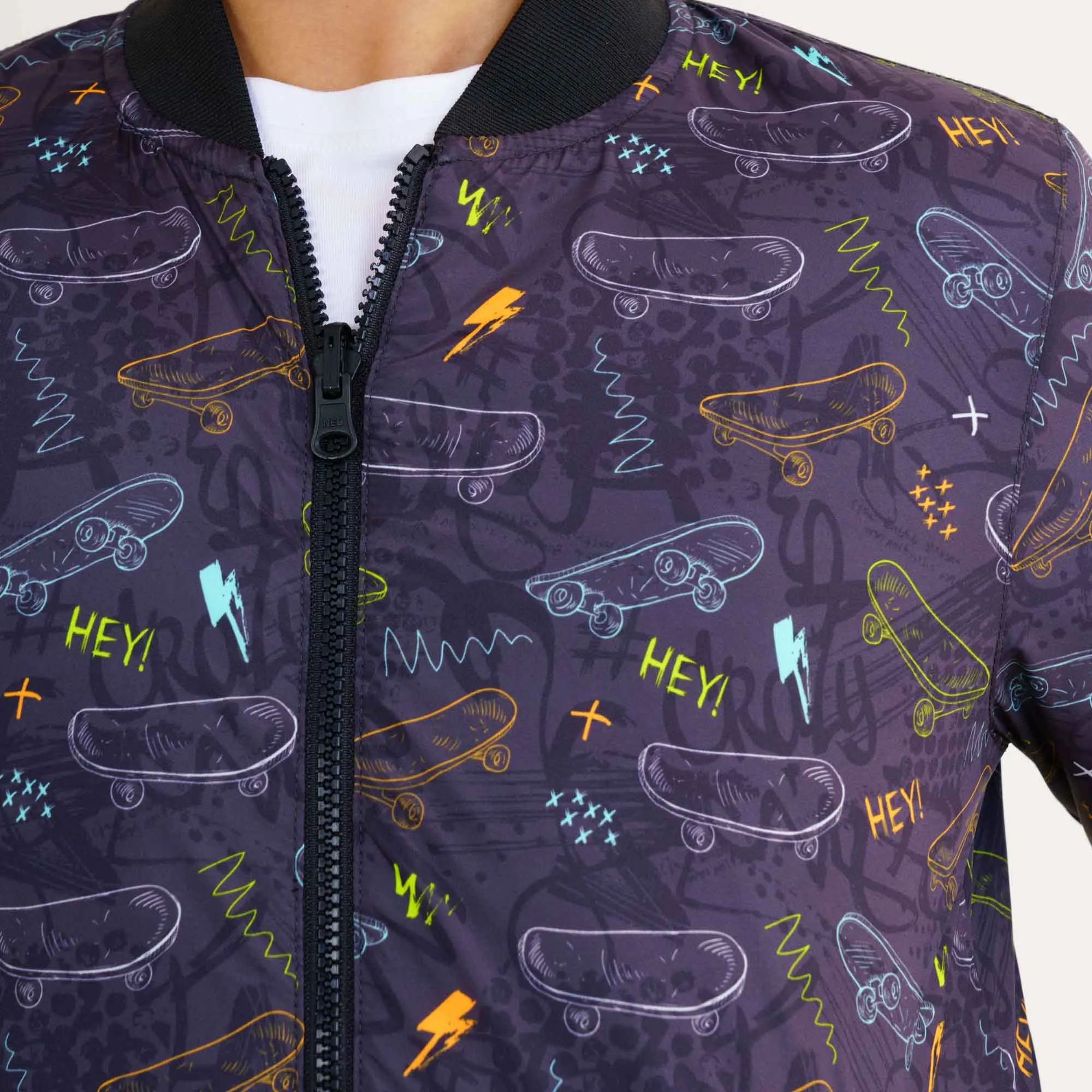Boys Black Printed Bomber Jacket