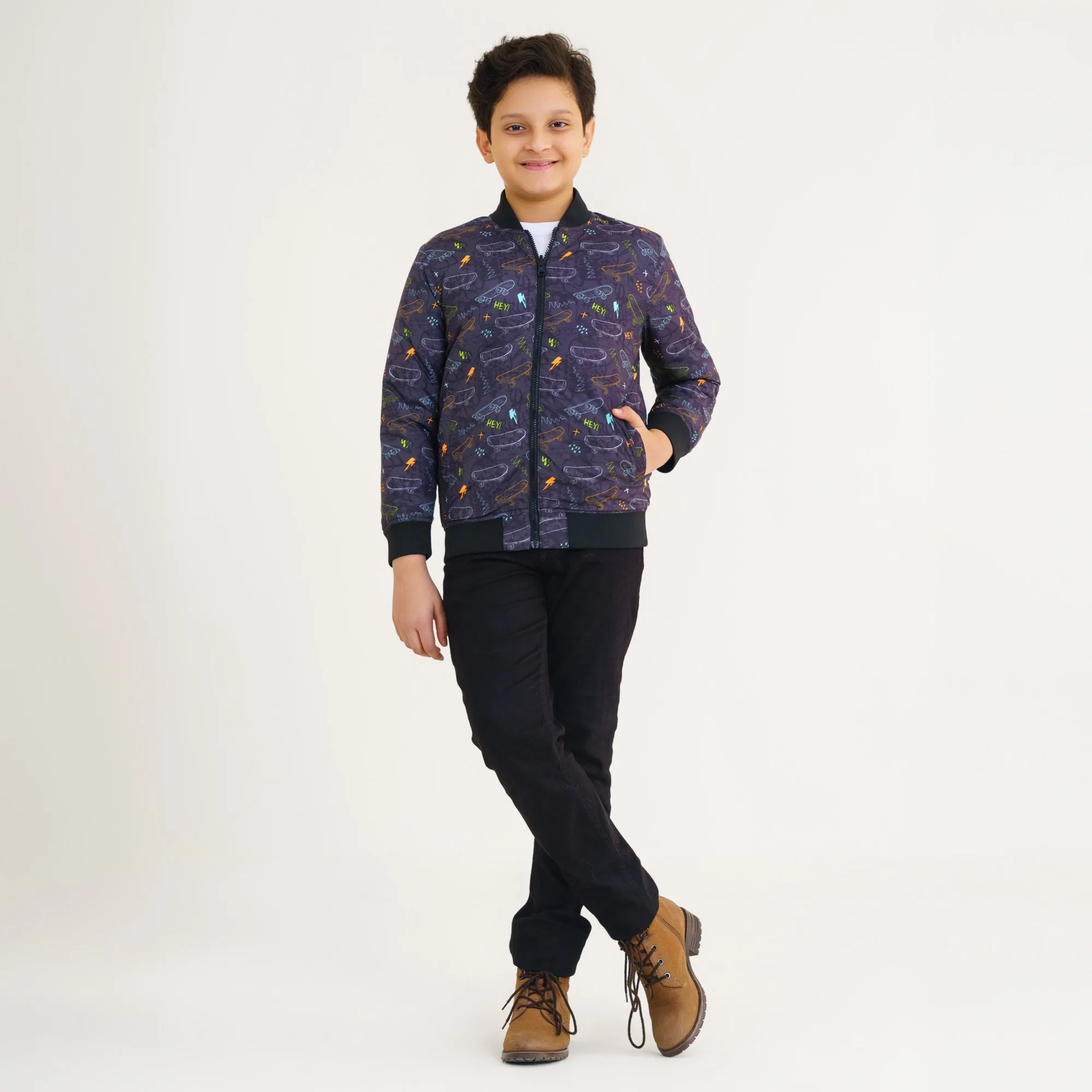 Boys Black Printed Bomber Jacket