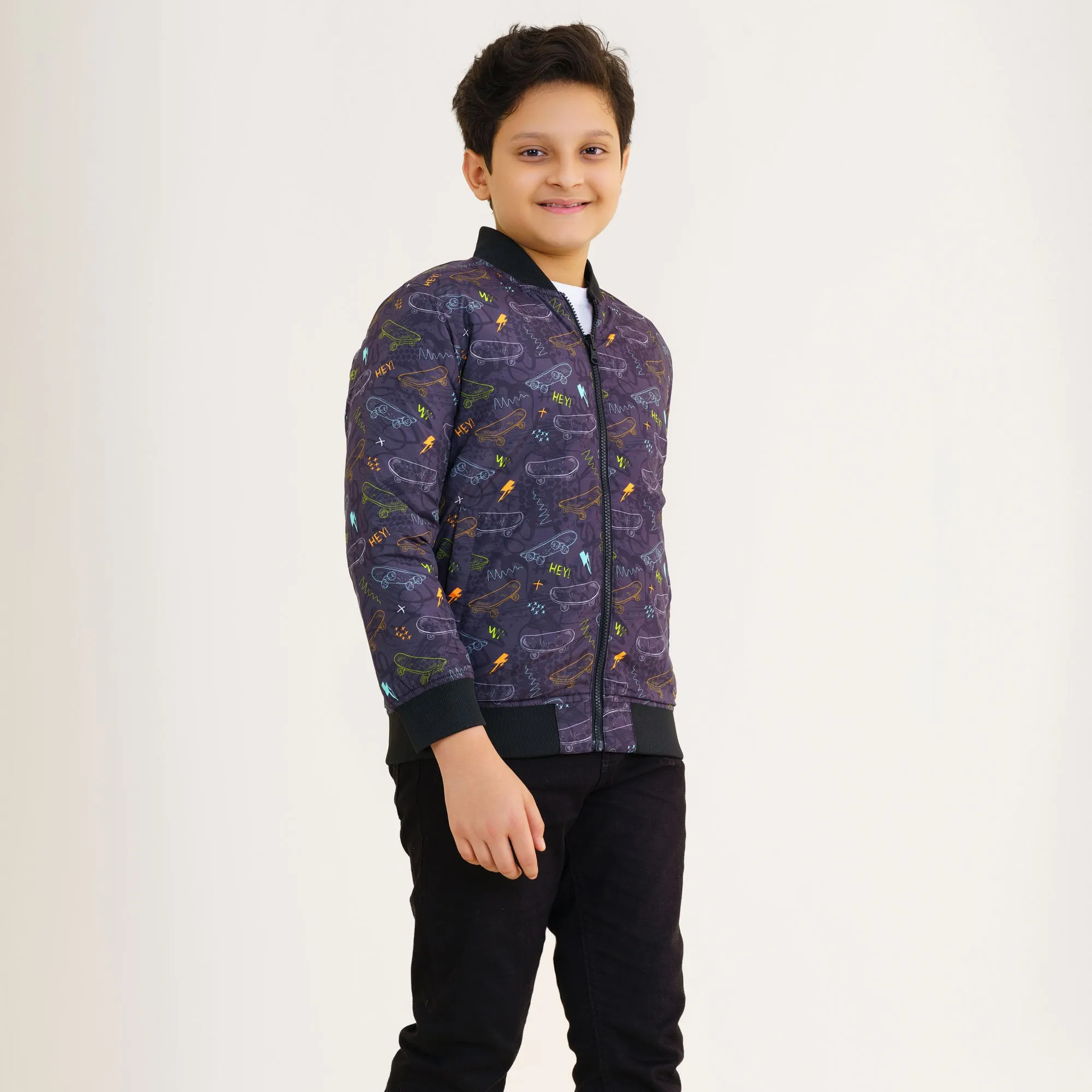 Boys Black Printed Bomber Jacket