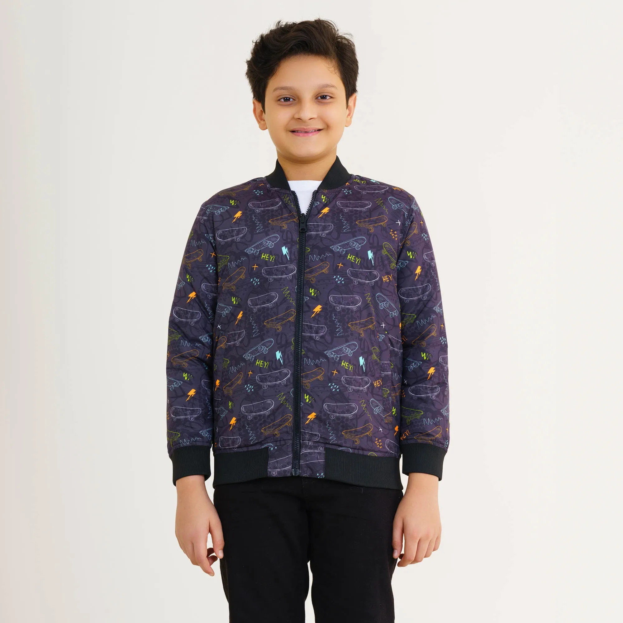 Boys Black Printed Bomber Jacket
